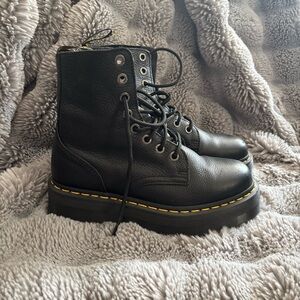 Dr Martens Black Platform Lace-Up Combat Boots with Yellow Stitching